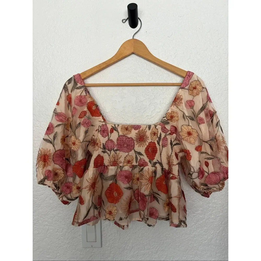 Saltwater Luxe Floral Embroidered Cropped Peplum Top in Beige Multi Size L